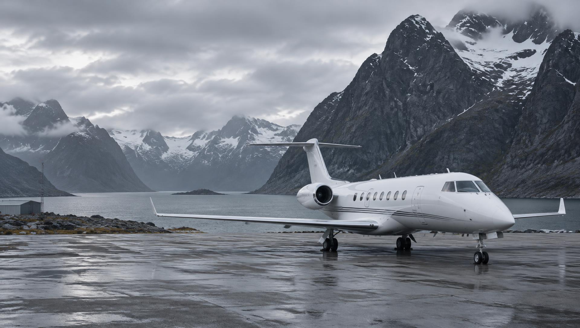 Private jet on the apron at Nuuk Airport, Greenland, with mountains behind